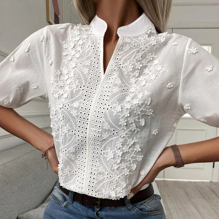 Women's Embroidered Lace V-Neck Linen Blend Blouse