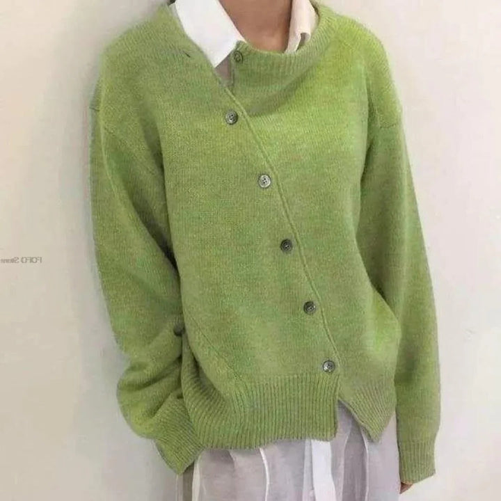 Damski oversize’owy dzianinowy kardigan, warstwowy sweter z dekoltem w serek