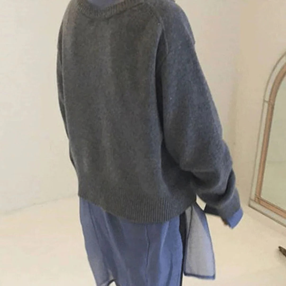 Damski oversize’owy dzianinowy kardigan, warstwowy sweter z dekoltem w serek