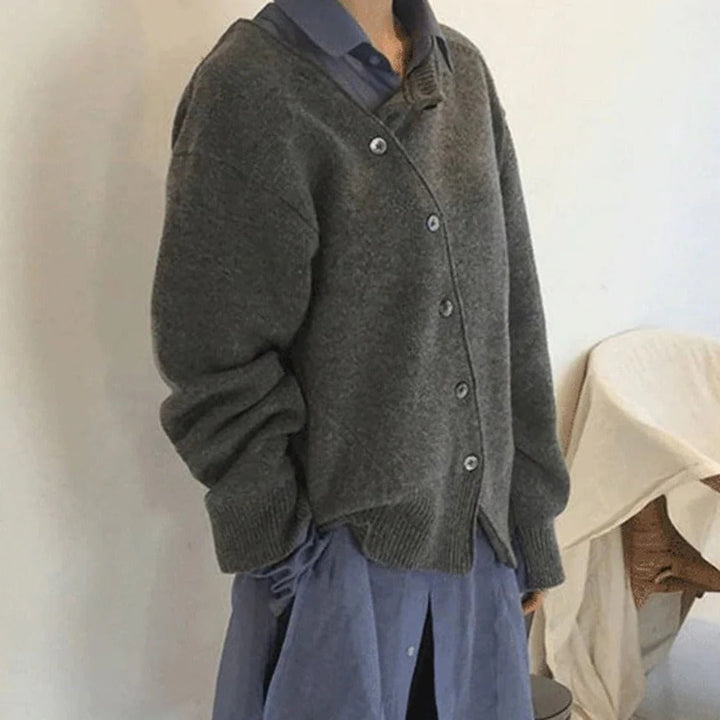 Damski oversize’owy dzianinowy kardigan, warstwowy sweter z dekoltem w serek