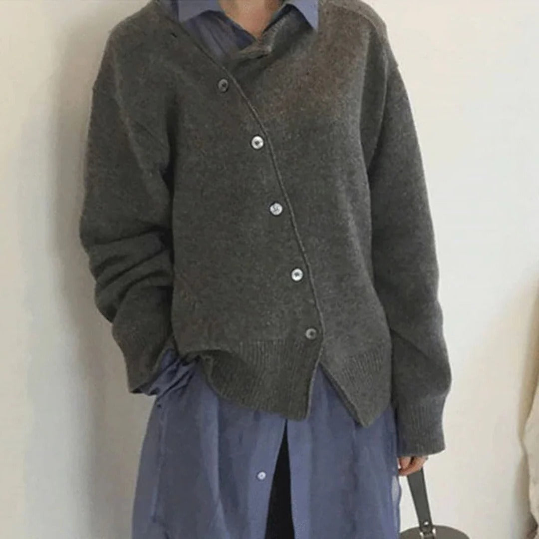 Damski oversize’owy dzianinowy kardigan, warstwowy sweter z dekoltem w serek