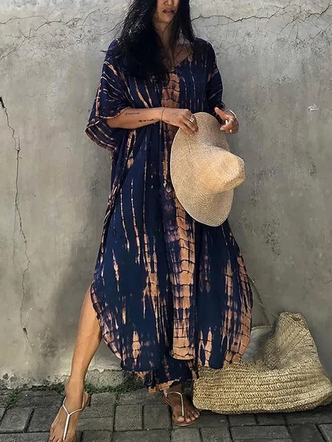 Γυναικείο λινό καφτάνι, εμπριμέ, μποέμ, casual, μακρύ φόρεμα παραλίας