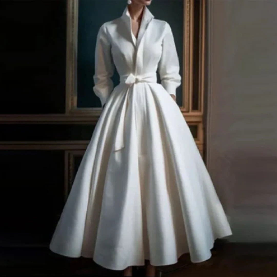 Women's Satin Vintage Long Sleeve A Line Shirt Maxi Dress