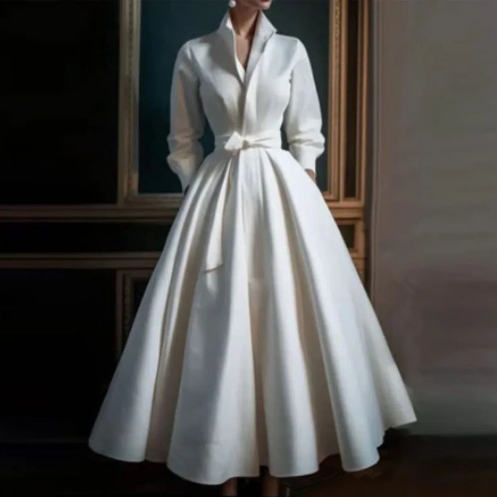 Women's Satin Vintage Long Sleeve A Line Shirt Maxi Dress