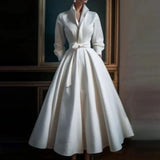Women's Satin Vintage Long Sleeve A Line Shirt Maxi Dress