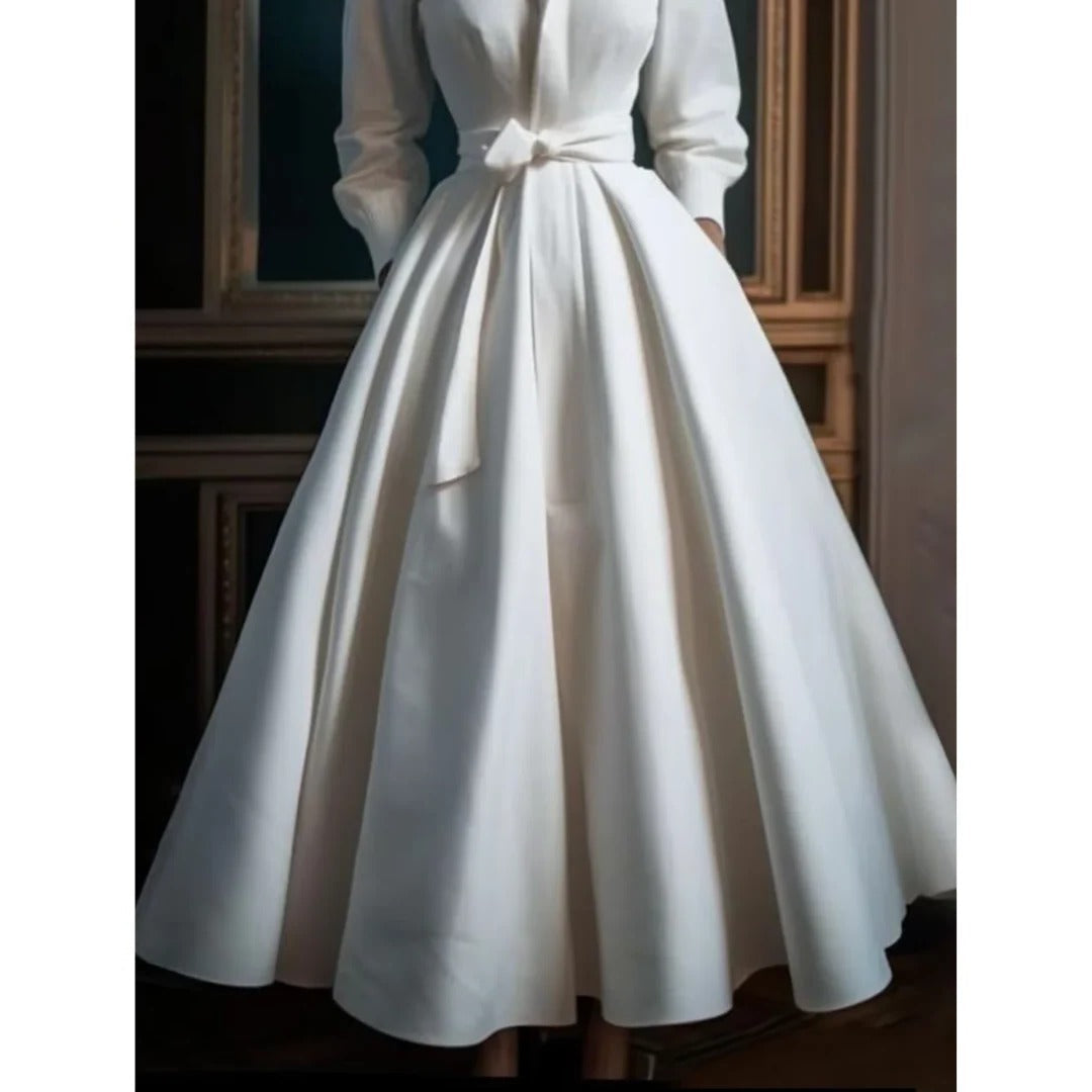 Women's Satin Vintage Long Sleeve A Line Shirt Maxi Dress