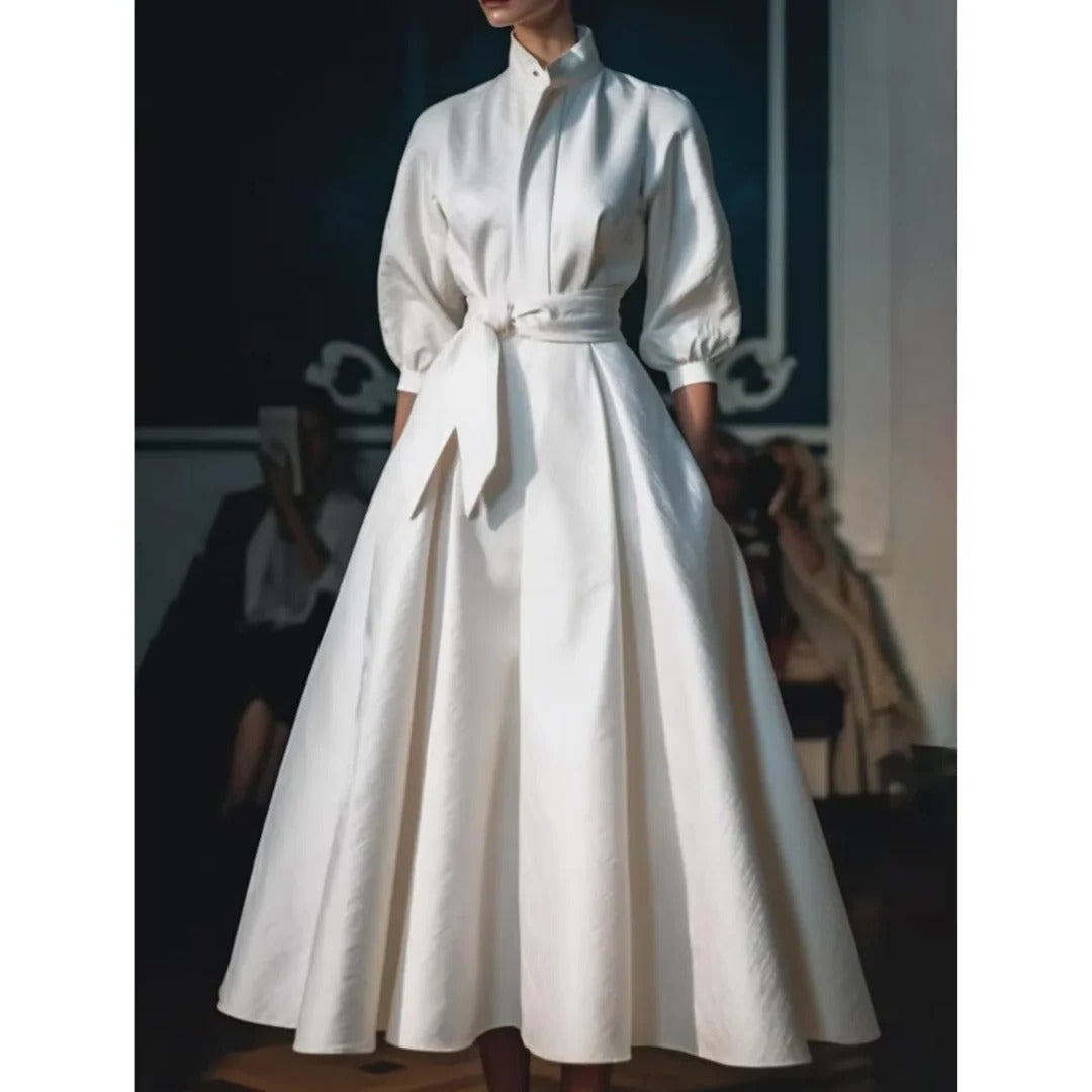 Women's Satin Vintage Long Sleeve A Line Shirt Maxi Dress