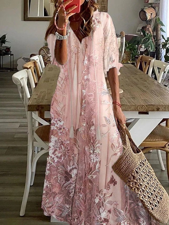 Women's Chiffon Floral Print V-Neck Short Sleeve Maxi Dress