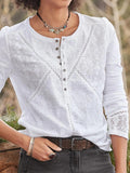 Women's Linen Embroidered Henley Shirt Long Sleeve Blouse Top
