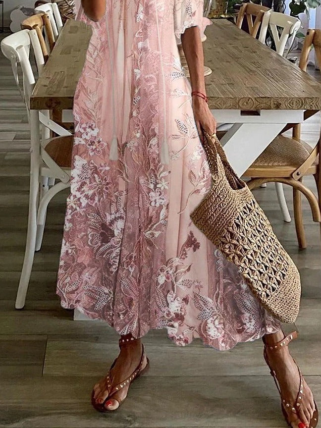 Długa lniana sukienka maxi damska w stylu boho, w kwiaty, na lato