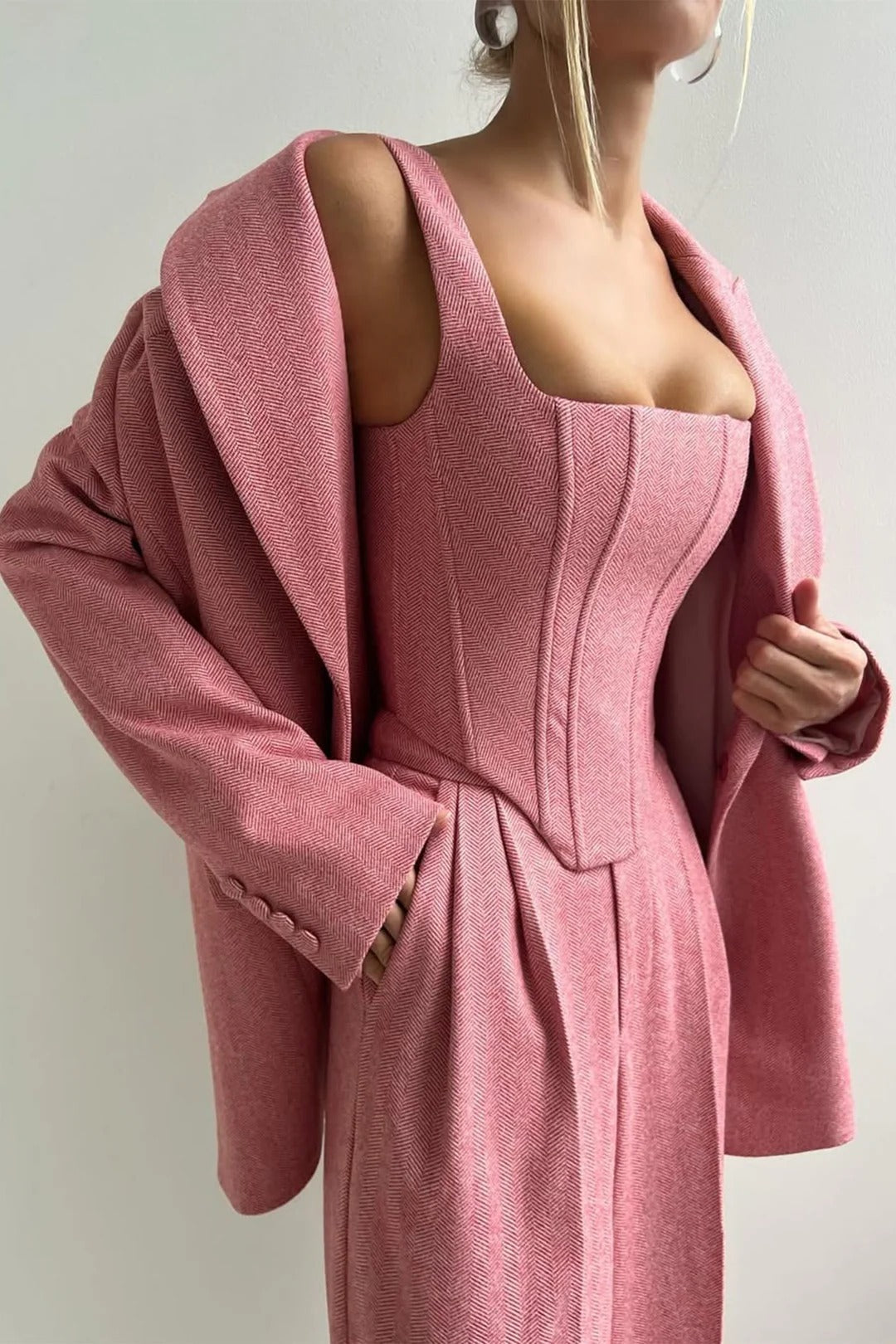 Ensemble de costume 3 pièces en laine pour femme : blazer, bustier et pantalon ajusté