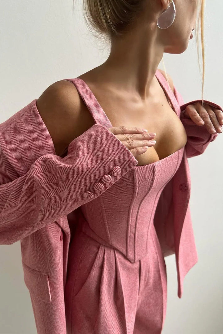 Ensemble de costume 3 pièces en laine pour femme : blazer, bustier et pantalon ajusté