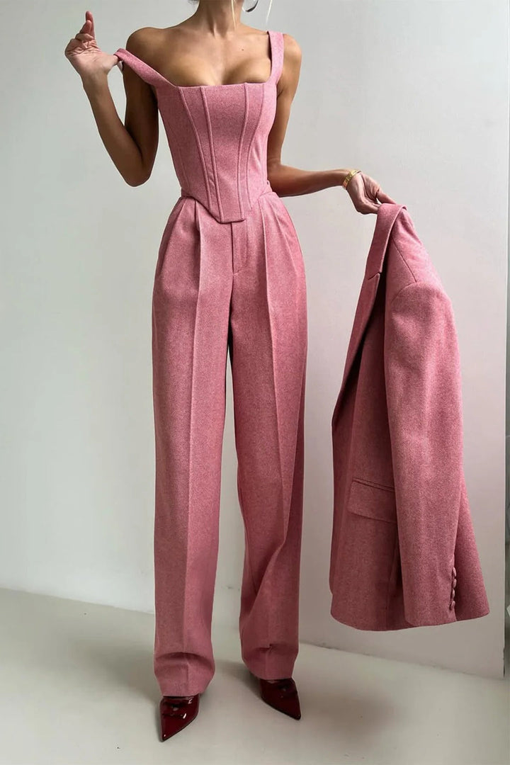 Ensemble de costume 3 pièces en laine pour femme : blazer, bustier et pantalon ajusté