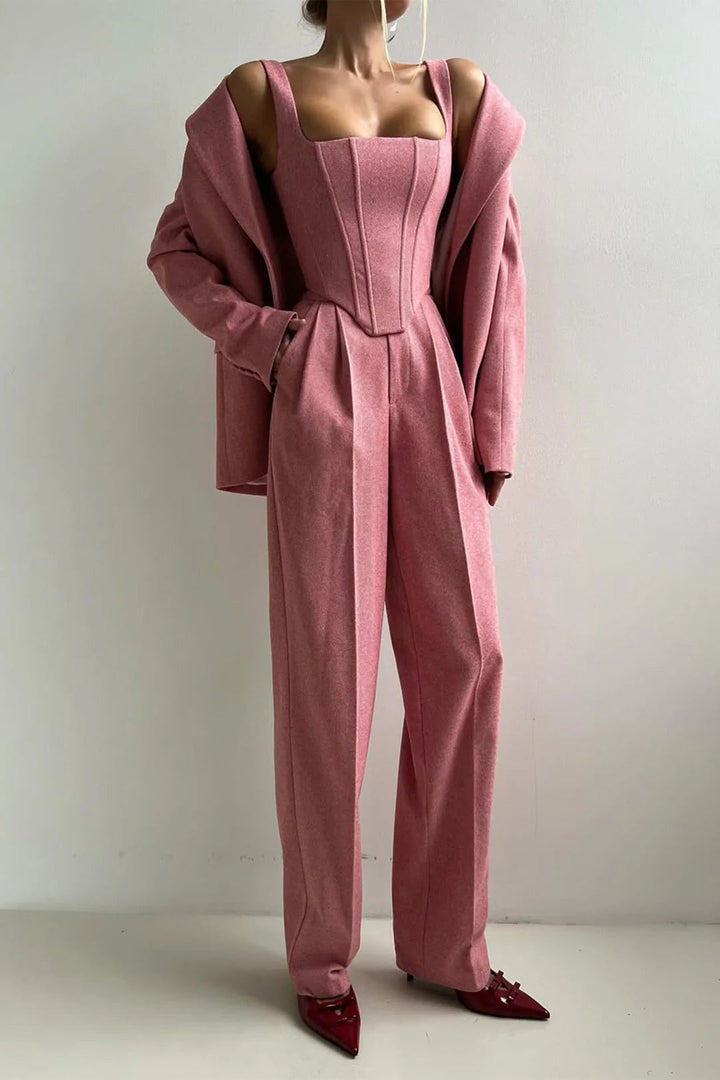 Ensemble de costume 3 pièces en laine pour femme : blazer, bustier et pantalon ajusté