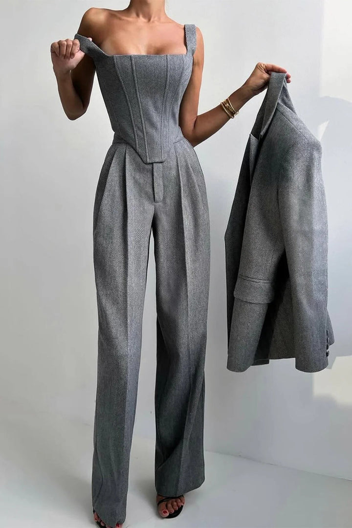 Ensemble de costume 3 pièces en laine pour femme : blazer, bustier et pantalon ajusté