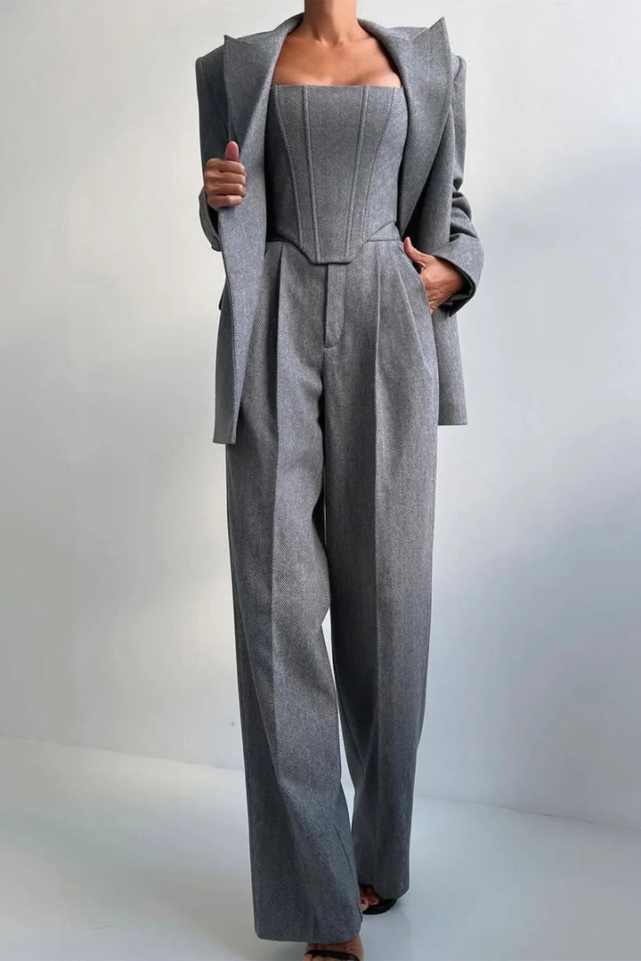 Ensemble de costume 3 pièces en laine pour femme : blazer, bustier et pantalon ajusté