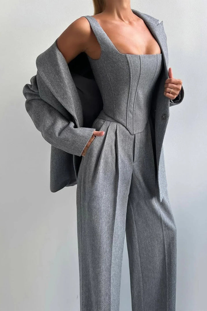 Ensemble de costume 3 pièces en laine pour femme : blazer, bustier et pantalon ajusté
