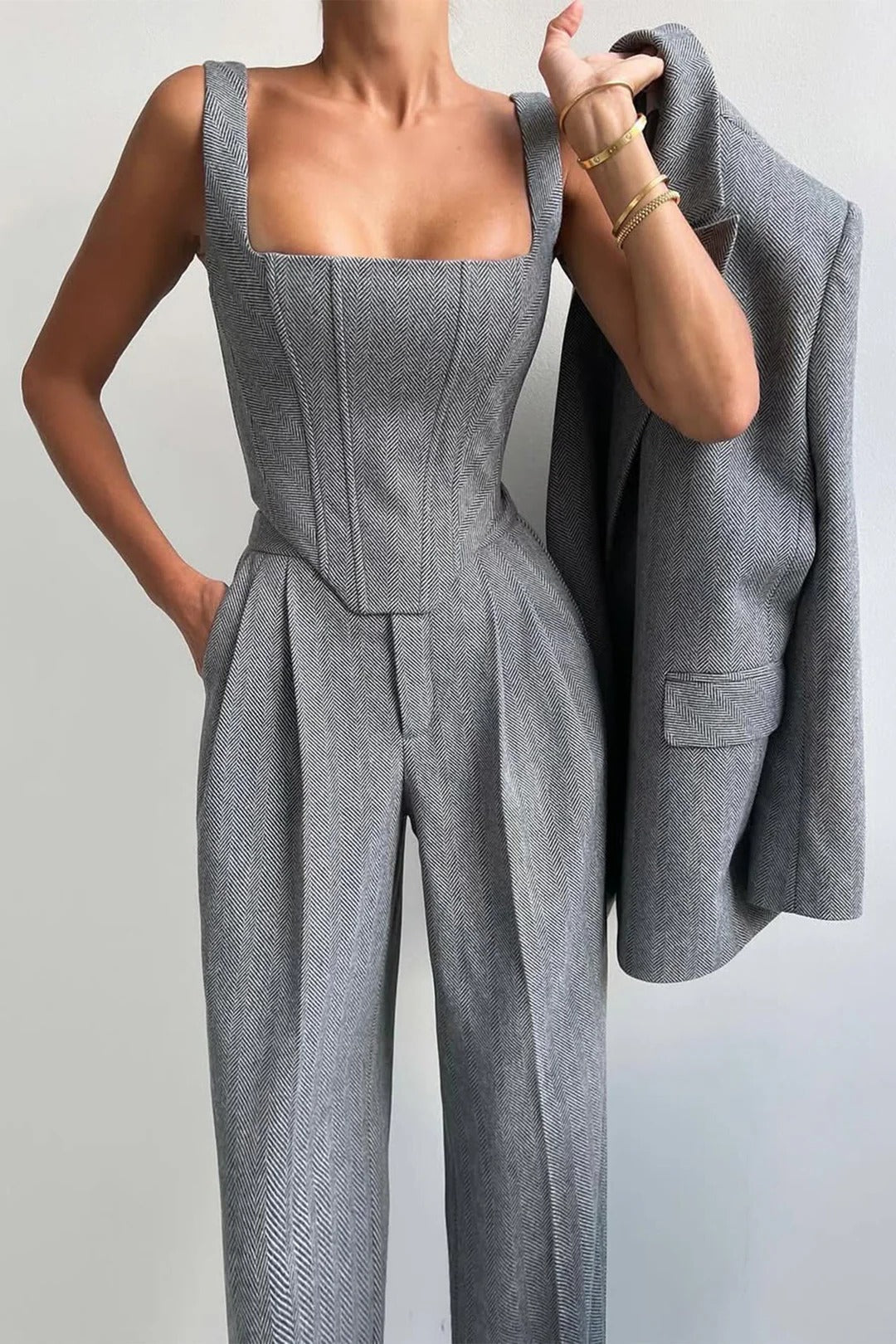 Ensemble de costume 3 pièces en laine pour femme : blazer, bustier et pantalon ajusté