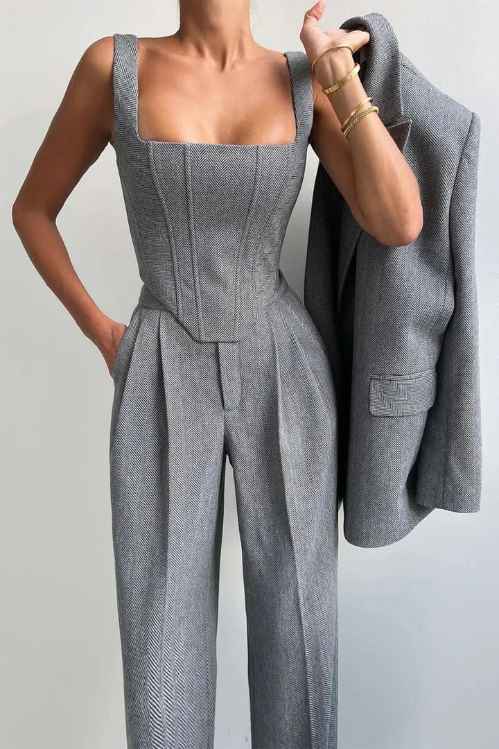 Ensemble de costume 3 pièces en laine pour femme : blazer, bustier et pantalon ajusté
