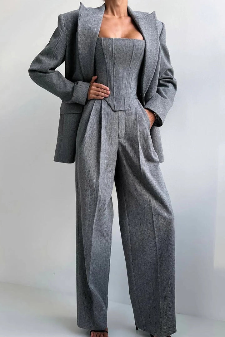 Ensemble de costume 3 pièces en laine pour femme : blazer, bustier et pantalon ajusté