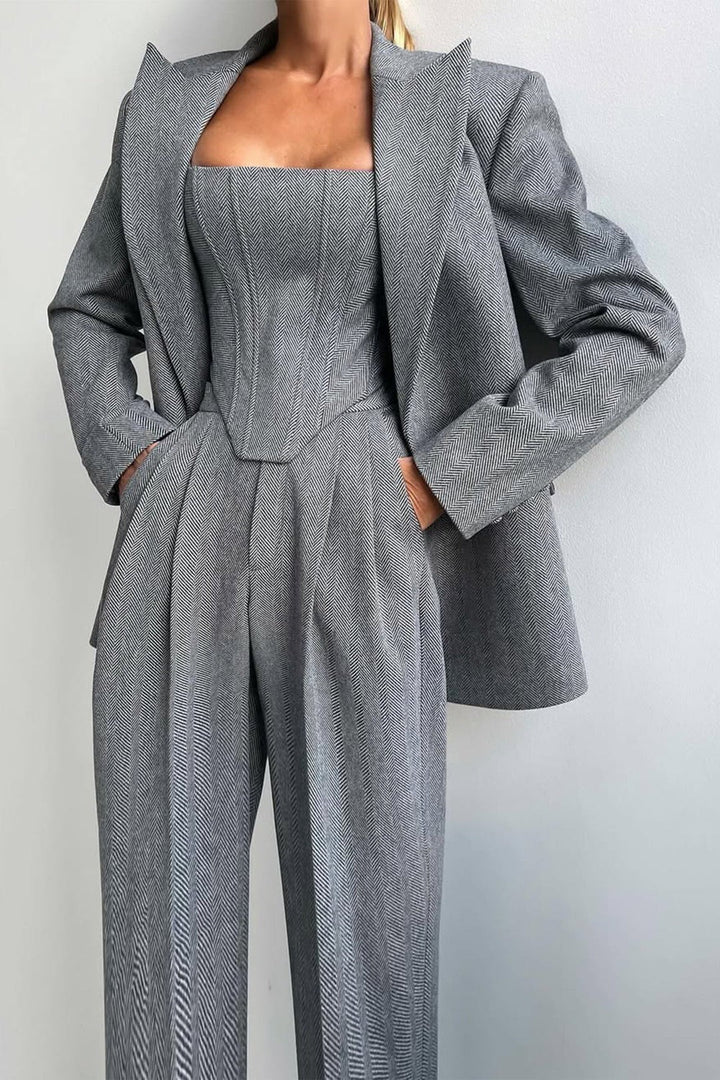 Ensemble de costume 3 pièces en laine pour femme : blazer, bustier et pantalon ajusté