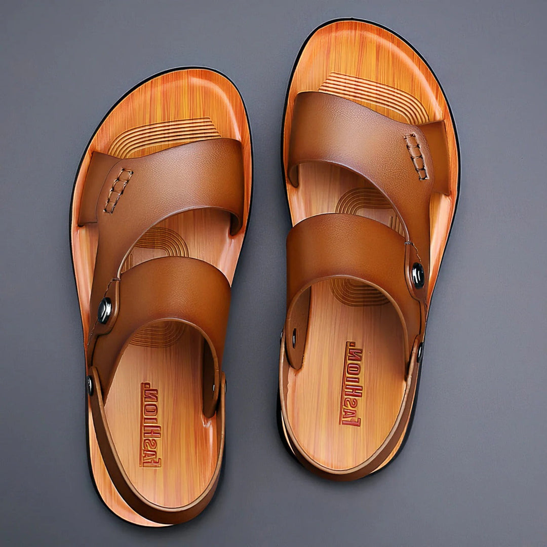 Men's Leather Sandals Casual Outdoor Slip On Open Toe Slides