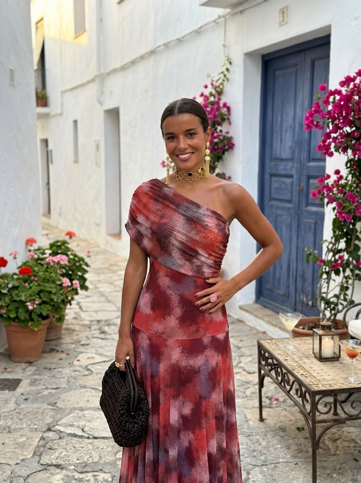 Γυναικείο μάξι φόρεμα με έναν ώμο, floral σχέδιο και σιφόν ύφασμα, για βραδινές εμφανίσεις