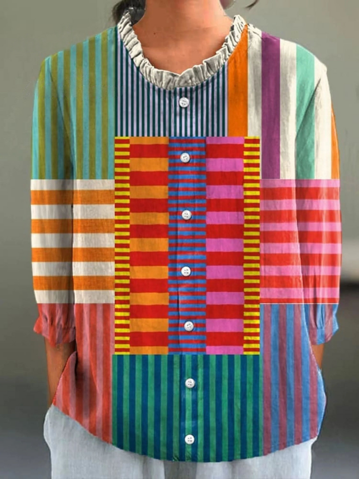 Women's Art Print V-Neck Linen Kaftan Maxi Dress Geometric Patchwork Tunic