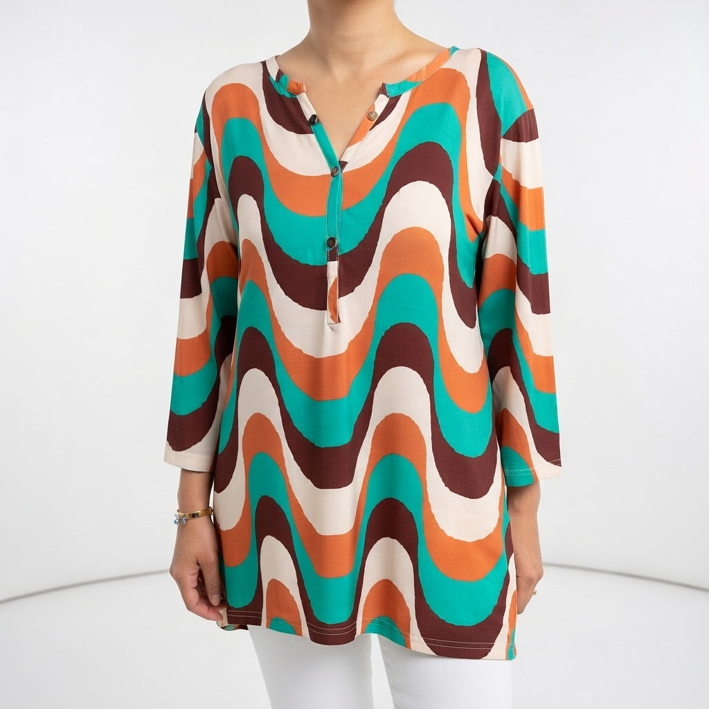 Women's Linen-Blend Printed V-Neck Tunic Blouse