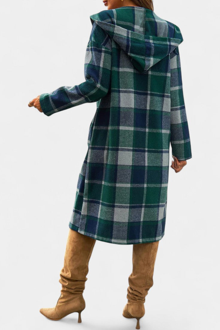Women's Wool Plaid Long Hooded Coat Overcoat Shacket