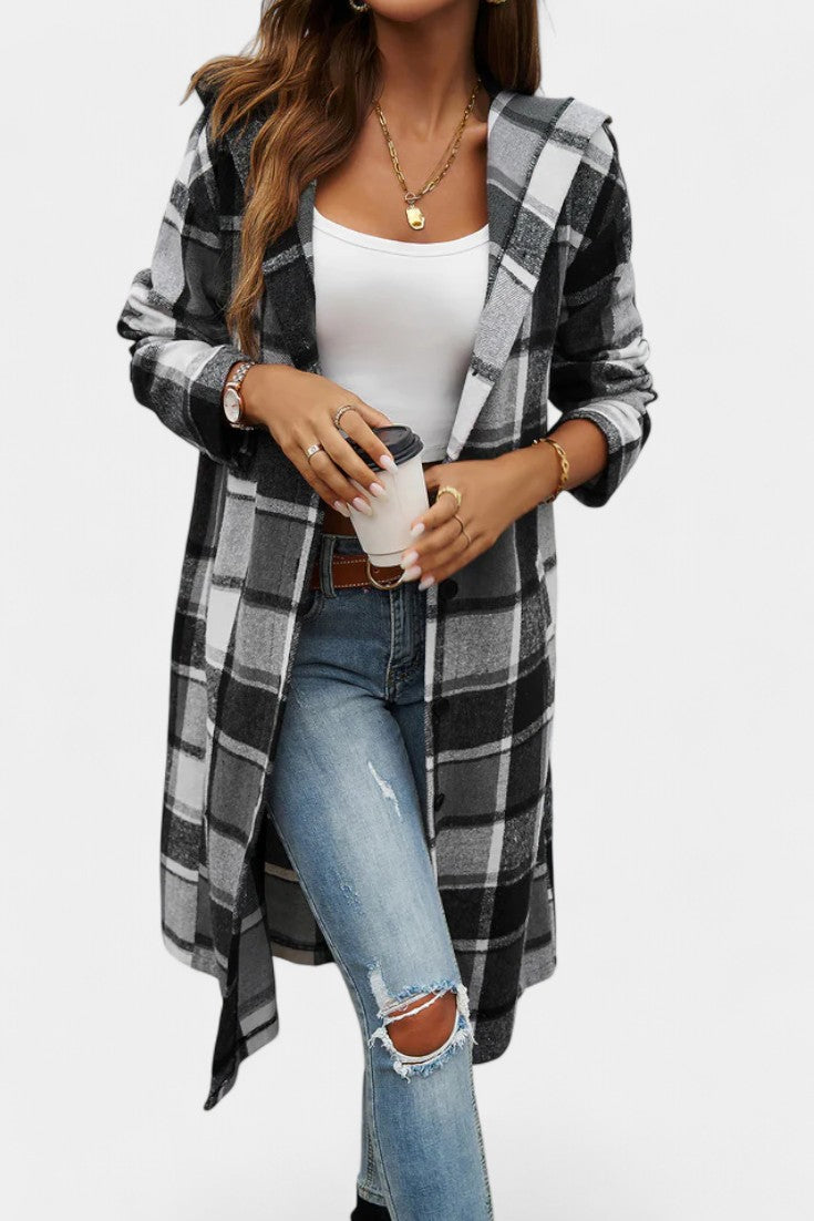 Women's Wool Plaid Long Hooded Coat Overcoat Shacket