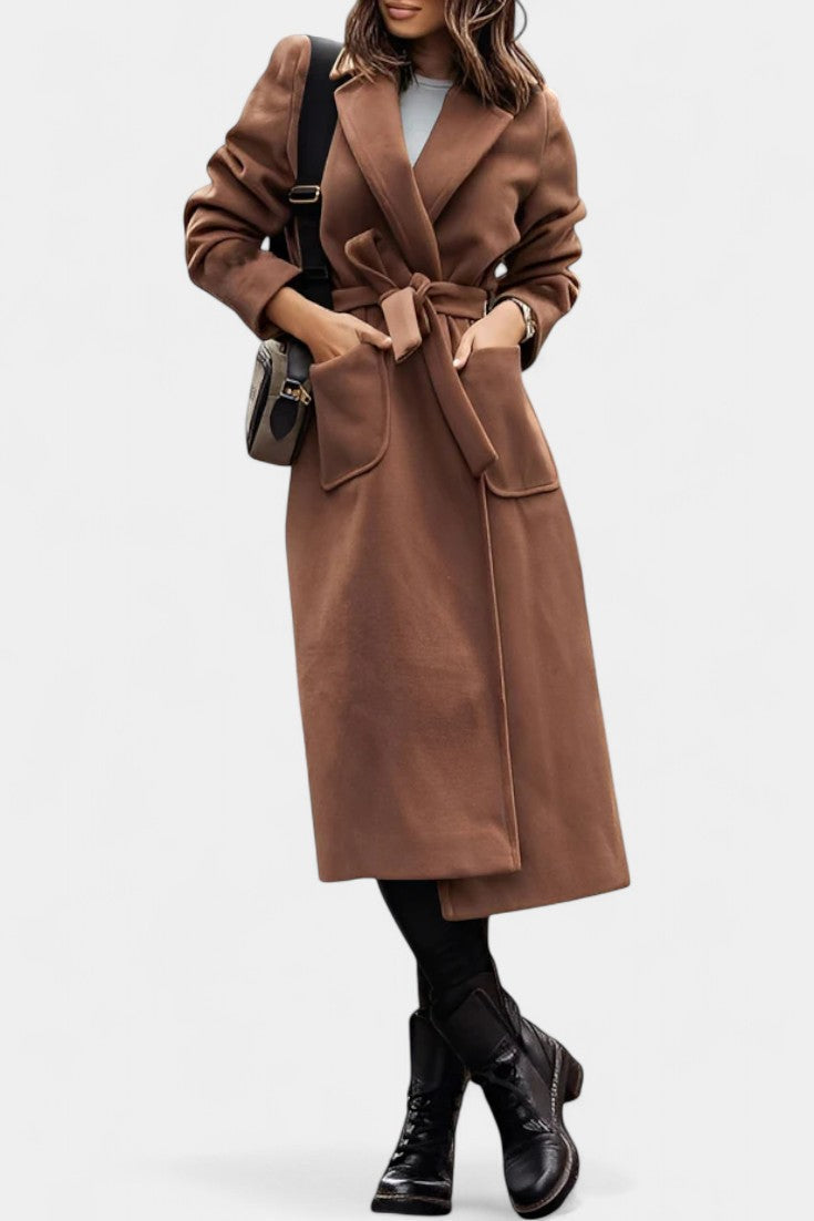 Women’s Wool Belted Notched-Collar Long Trench Coat