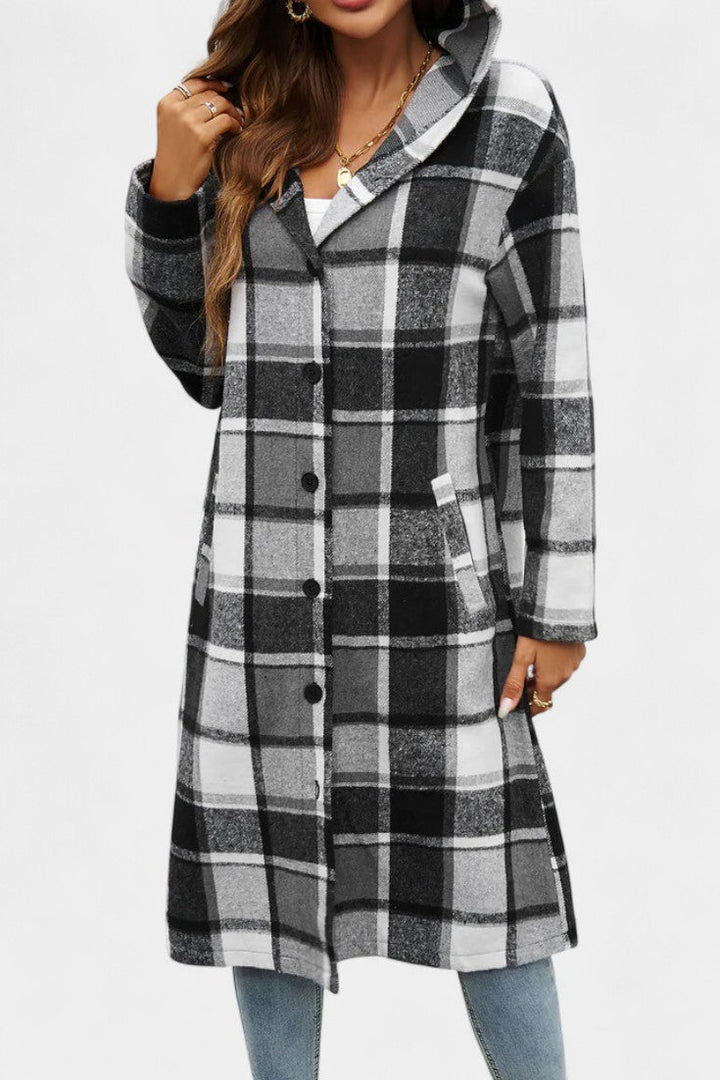 Women's Wool Plaid Long Hooded Coat Overcoat Shacket