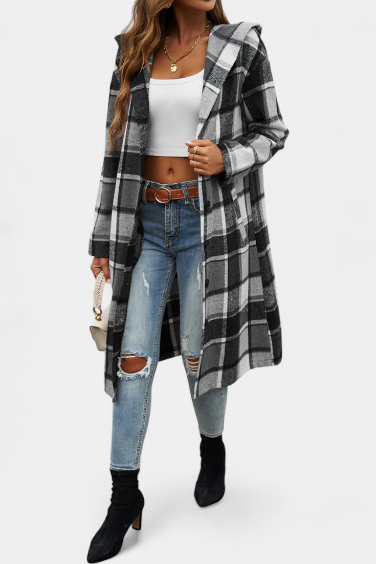 Women's Wool Plaid Long Hooded Coat Overcoat Shacket