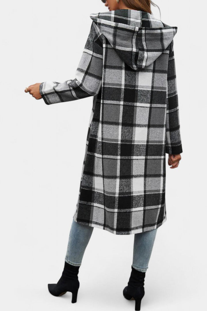 Women's Wool Plaid Long Hooded Coat Overcoat Shacket