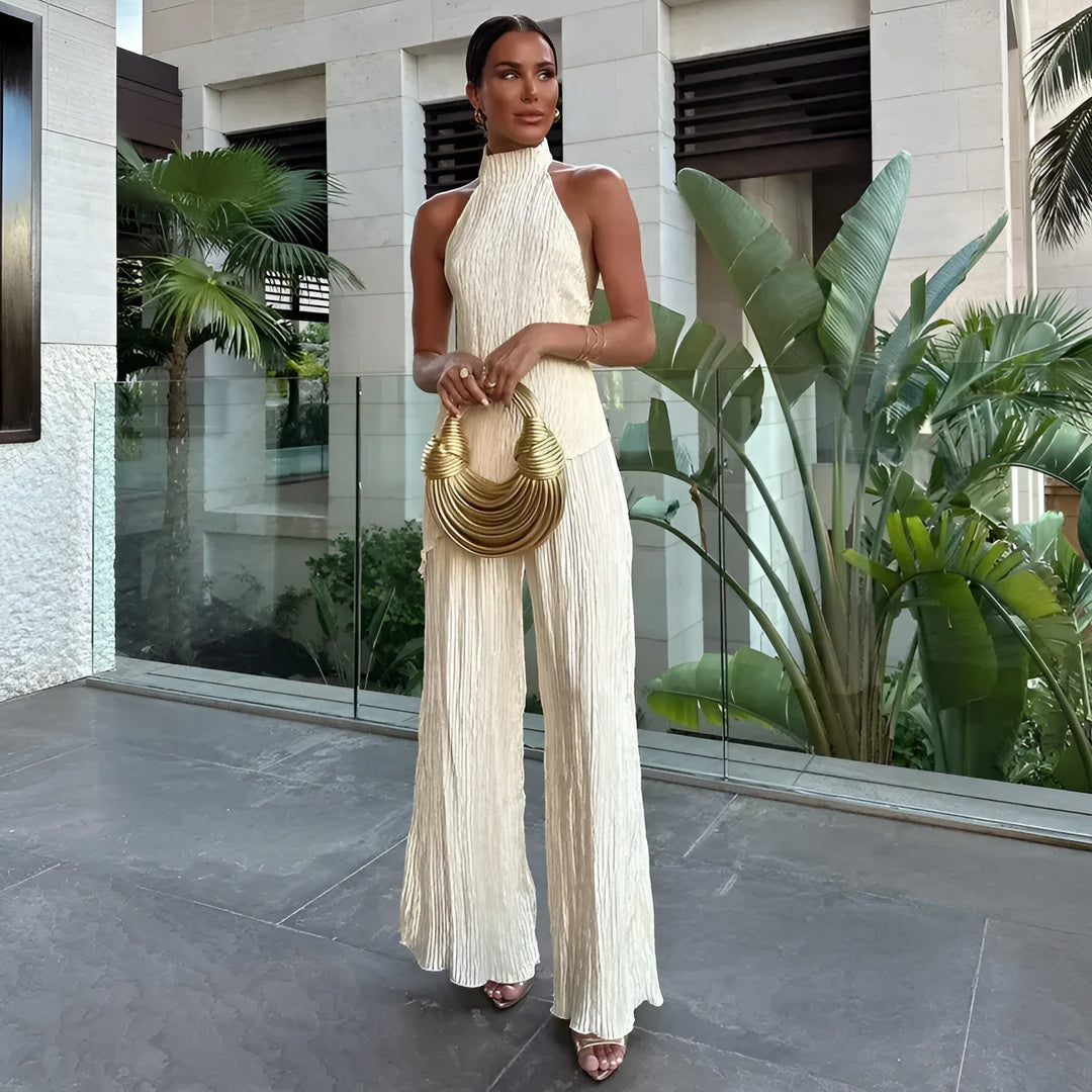 Women’s Linen Blend Halter Top & Wide-Leg Trouser Set