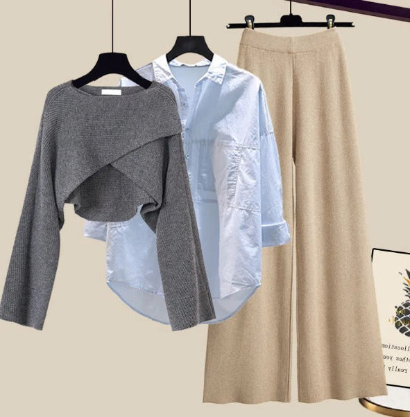 Ensemble femme 3 pièces en laine tricotée avec pull, chemise et pantalon à jambes larges
