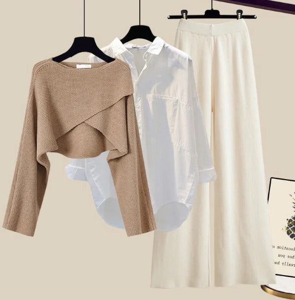 Ensemble femme 3 pièces en laine tricotée avec pull, chemise et pantalon à jambes larges