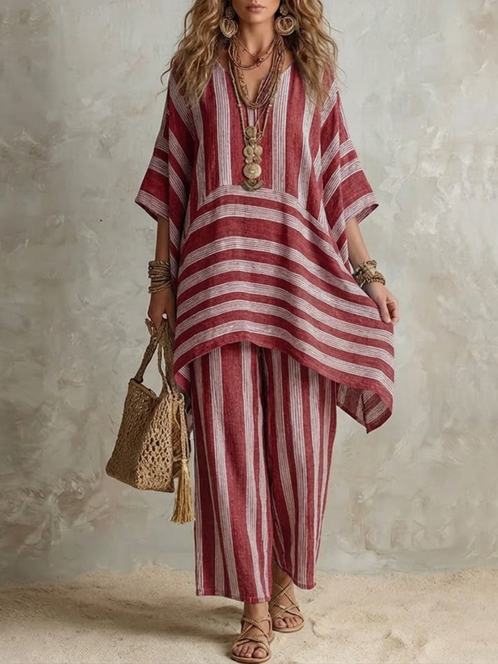 Dámská pruhovaná dvoudílná souprava z lnu v boho stylu s kalhotami