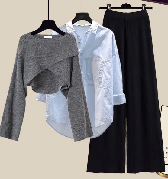 Ensemble femme 3 pièces en laine tricotée avec pull, chemise et pantalon à jambes larges