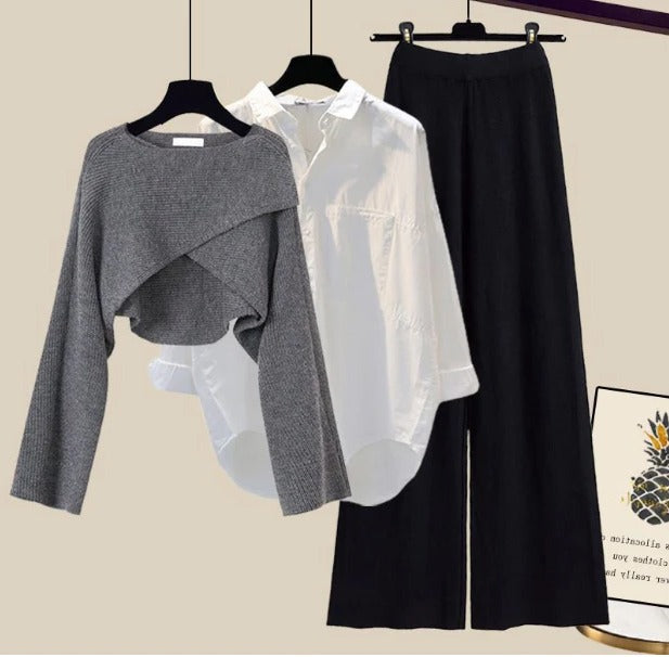 Ensemble femme 3 pièces en laine tricotée avec pull, chemise et pantalon à jambes larges
