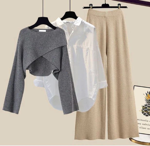 Ensemble femme 3 pièces en laine tricotée avec pull, chemise et pantalon à jambes larges