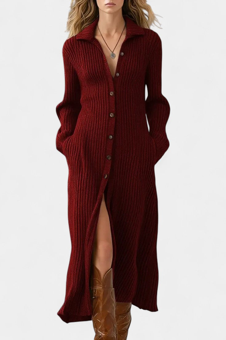 Women’s Knit Button-Front Collared Slit Maxi Dress