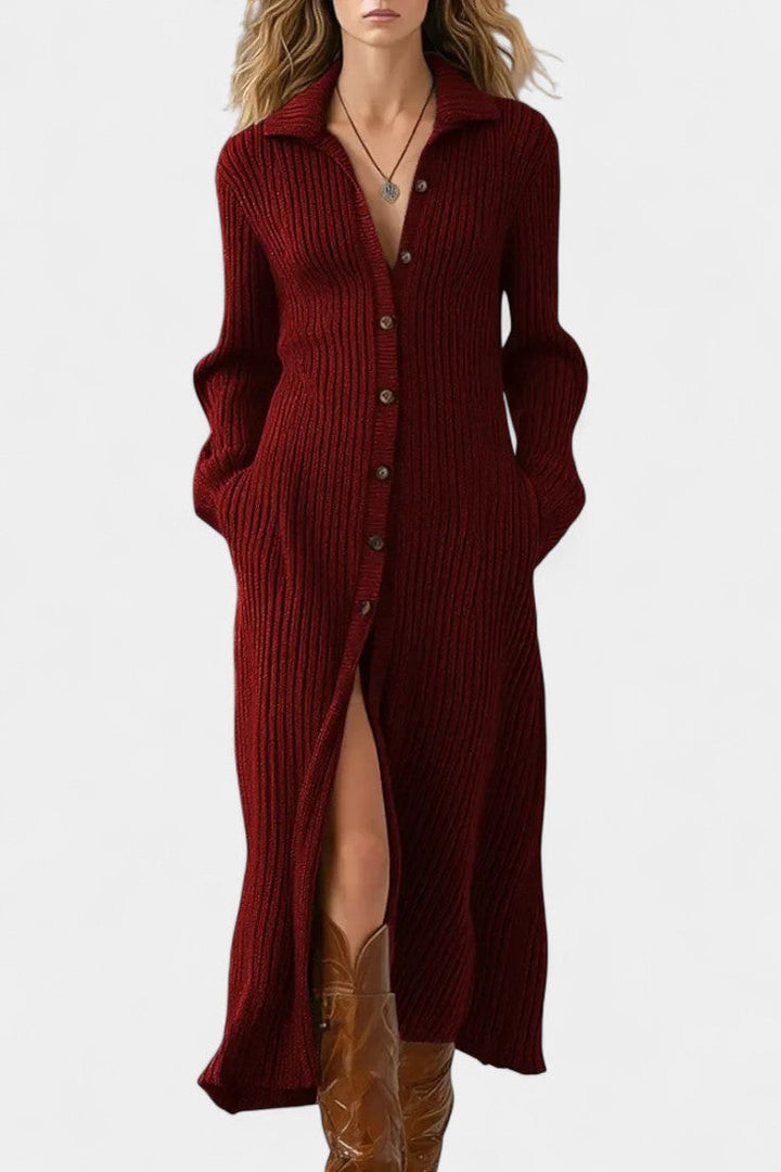 Women’s Knit Button-Front Collared Slit Maxi Dress