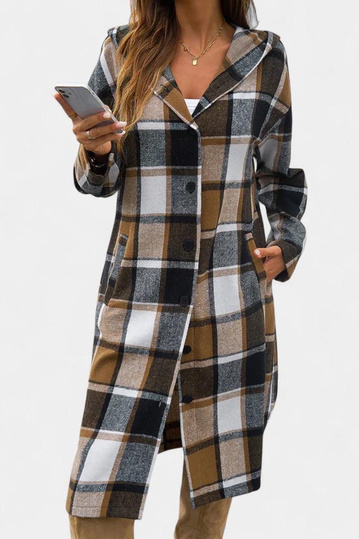 Women's Wool Plaid Long Hooded Coat Overcoat Shacket