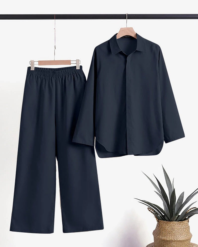 Ensemble deux pièces pour femme en lin, composé d’une chemise à manches longues et d’un pantalon