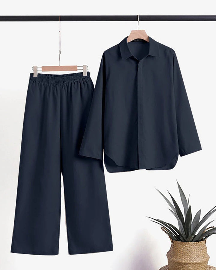 Ensemble deux pièces pour femme en lin, composé d’une chemise à manches longues et d’un pantalon