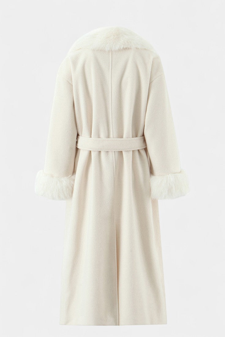Women’s Wool-Blend Belted Long Coat with Faux Fur Collar