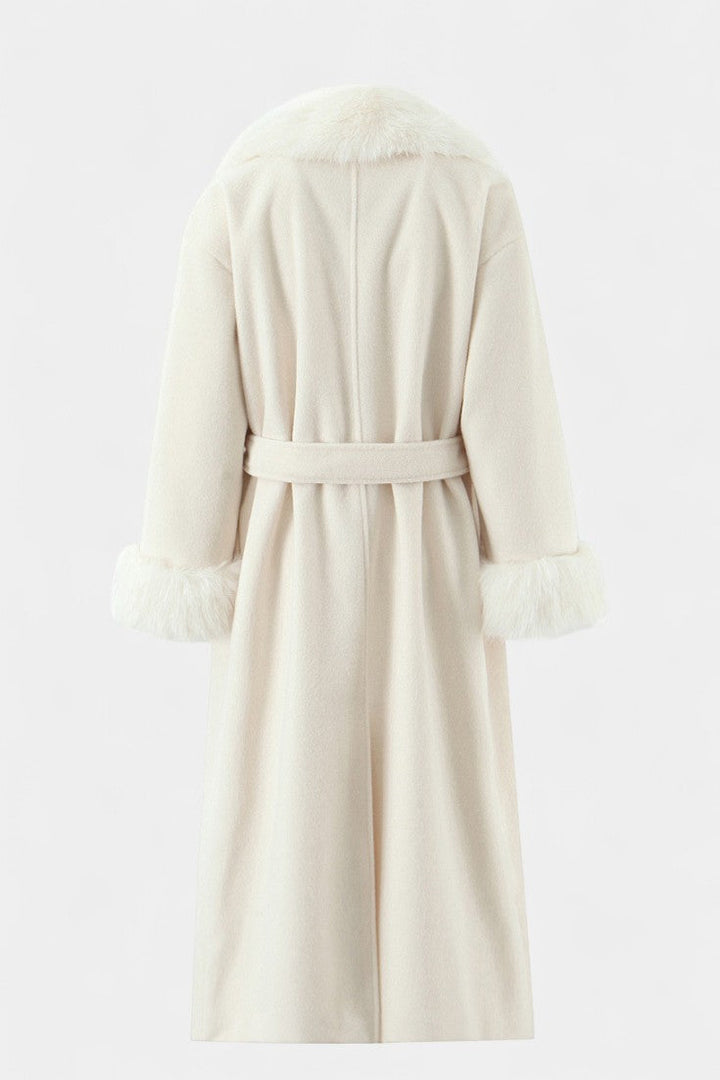 Women’s Wool-Blend Belted Long Coat with Faux Fur Collar
