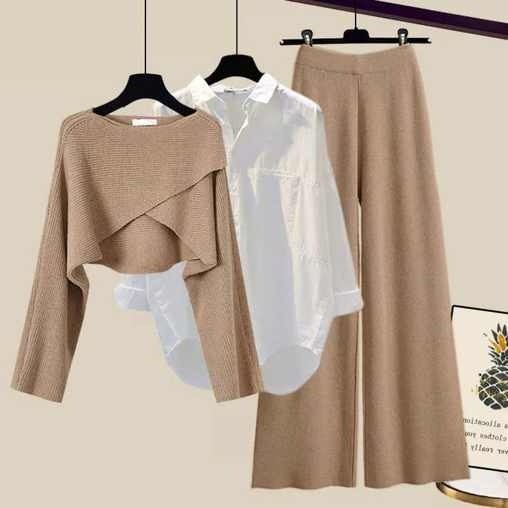 Ensemble femme 3 pièces en laine tricotée avec pull, chemise et pantalon à jambes larges